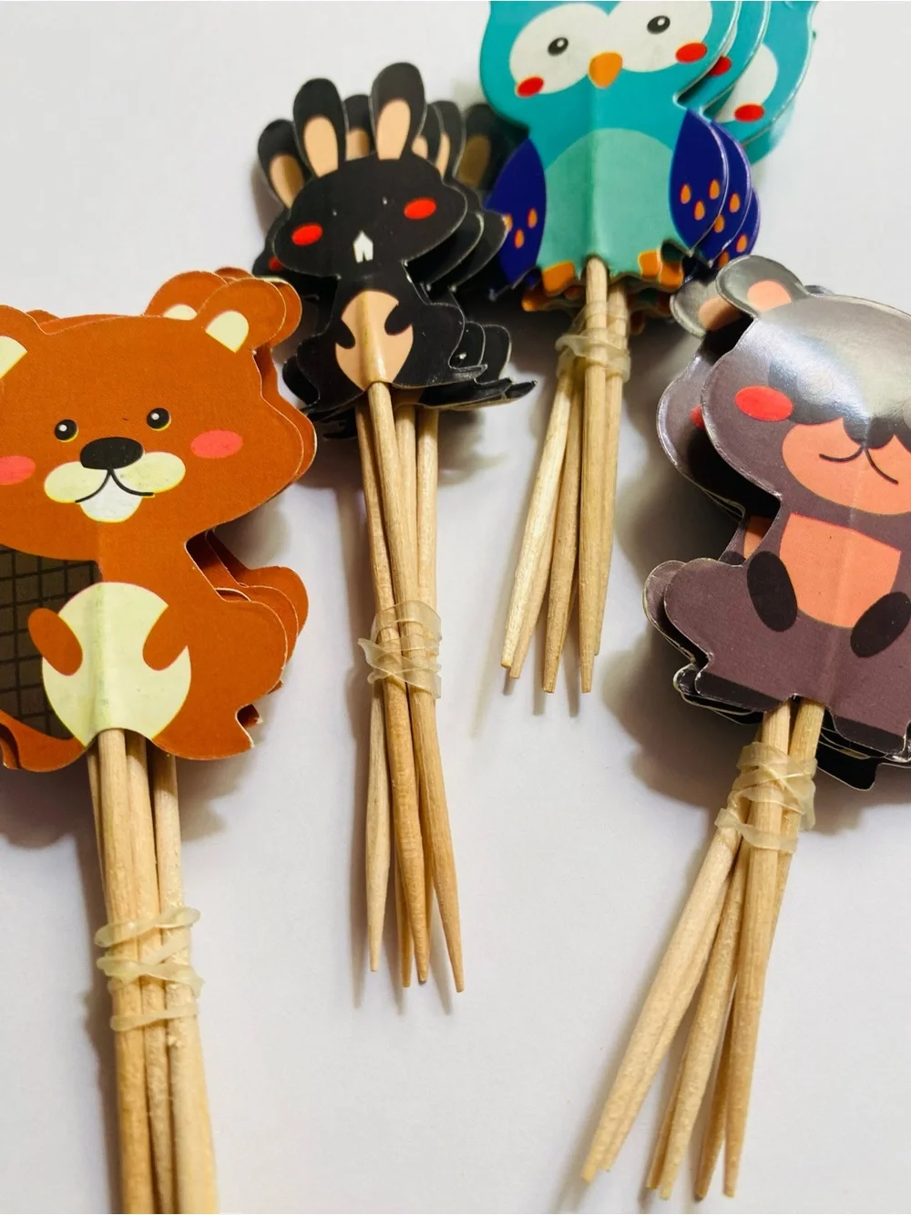 64 Woodland Animal Cupcake Toppers - Owl, Raccoon, Rabbit Party Picks